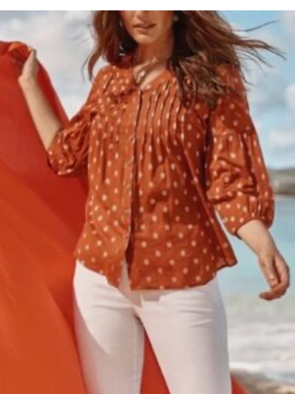J Jill orange-brown peasant blouse white floral pattern V-neckline size Large